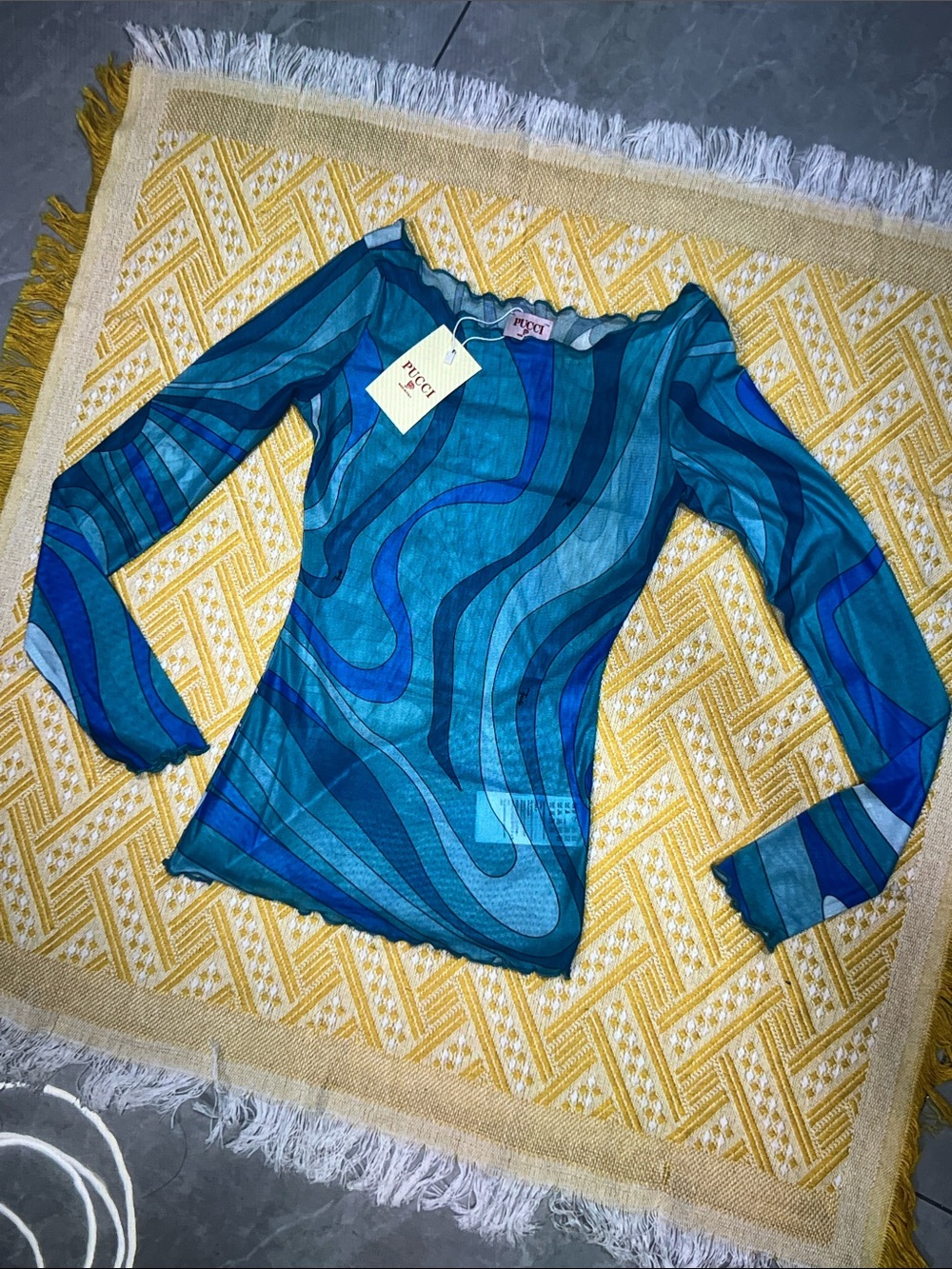 Emilio Pucci Teal and Blue Wave-Print Long Sleeve Top